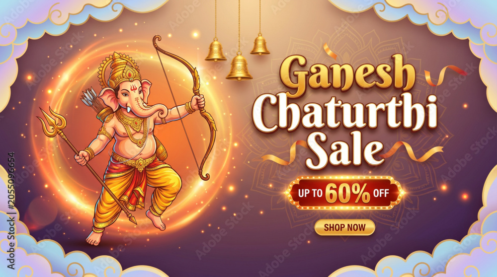 Naklejka premium Ganesh Chaturthi Sale Banner with Lord Ganesha Archer Illustration and Festive Retail Promotion Design