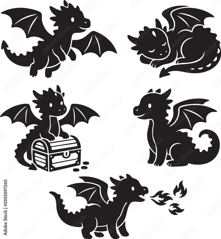 Fototapeta premium Flying and Perched Black Dragon Silhouettes in Minimalist Vector Style, Generative Ai