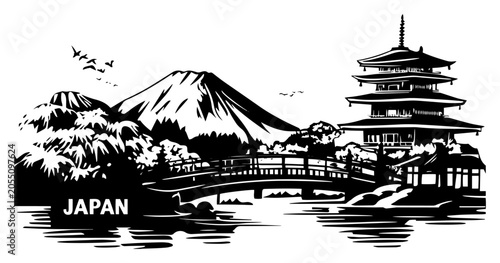 Schilderij op canvas Japanese landscape with Mount Fuji and traditional pagoda temple by bridge in li