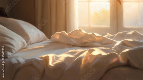 Sunlit bedroom with rumpled sheets