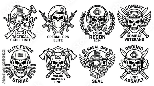 Konstfotografi Military tactical skull emblems with combat gear and weapons