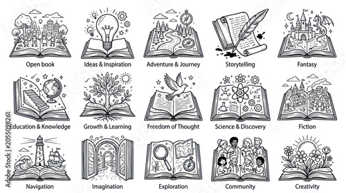 Creative book icons representing education imagination and storytelling