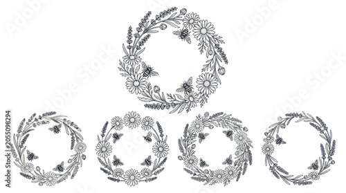 Floral wreaths featuring lavender daisies and honeybees