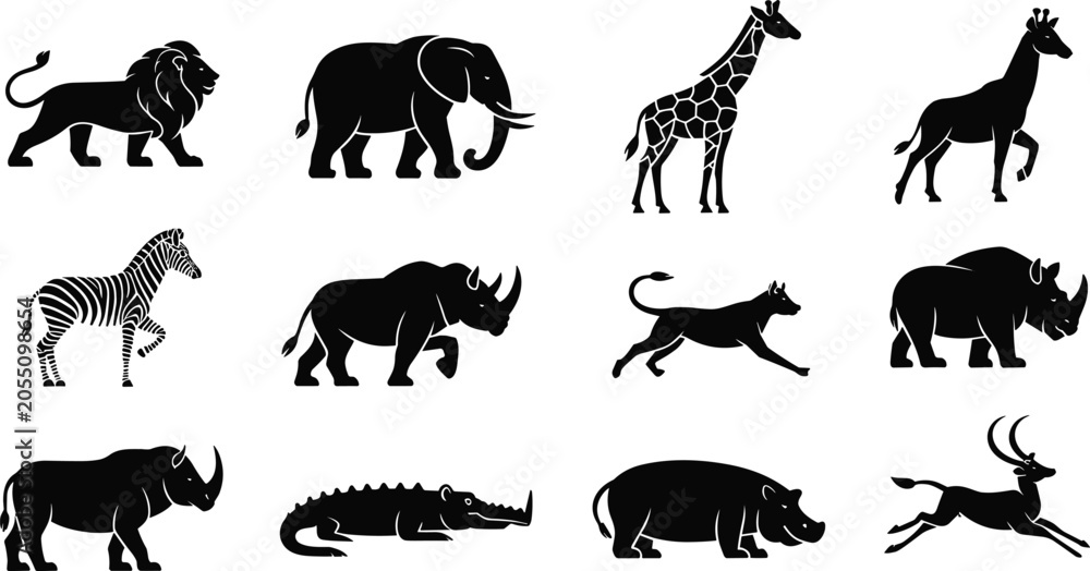Obraz premium African wildlife animal silhouettes including lion, elephant, giraffe, zebra, rhinoceros, crocodile, hippopotamus, antelope, wild dog, nature illustration