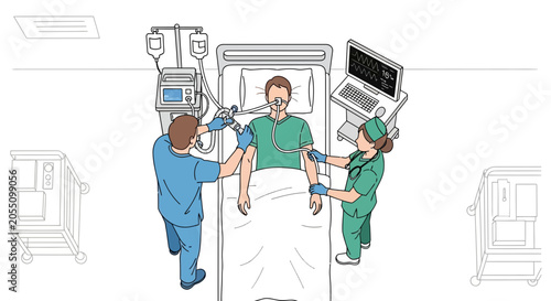 Medical Team Caring for Patient on Ventilator in Intensive Care Unit