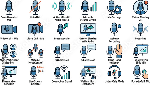 Fotografia Online meeting and video conference microphone icons set including mute webinar