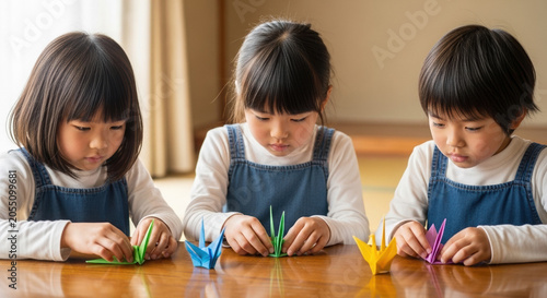 Three Asian children folding colorful origami cranes at table