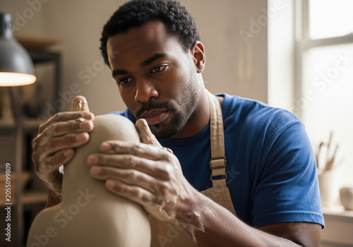 African American man sculpting clay figure in workshop with focus  