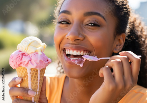 African American woman enjoying ice cream cone while smiling outdoors  