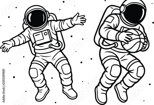 Foto Two astronauts floating in space, playing basketball, zero gravity fun, cosmic s
