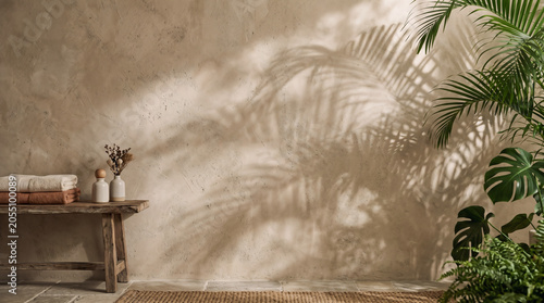 Tropical Palm Leaves Casting Shadows on a Textured Wall with a Rustic Bench and Plants