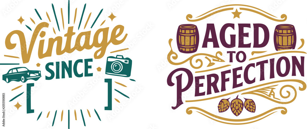 Fototapeta premium Two vintage style emblems retro car camera and whiskey barrel with hops illustration