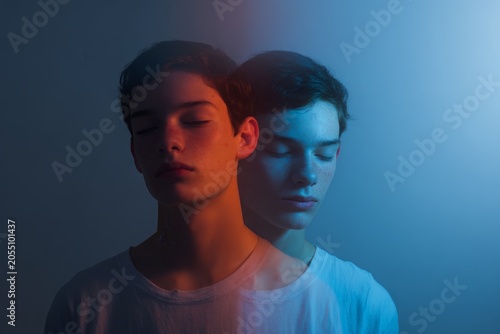 Split reflection portrait of a teenage boy with double exposure mirror effect in blue and red lighting for conceptual poster and art background
