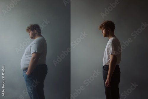 Dual full body comparison of same person before and after weight change in casual clothes for health awareness poster and editorial background