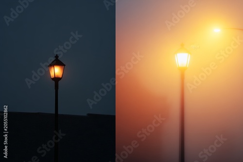 Split image of a street lamp left dim flickering and right bright glowing in fog for moody background and poster banner design