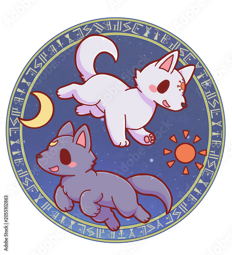 Εκτύπωση καμβά Authentic Hand Drawn Cute Hati and Sköll with Magic Circle Background – Kawaii N
