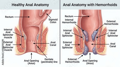Medical diagram of healthy anal anatomy and hemorrhoids illustration