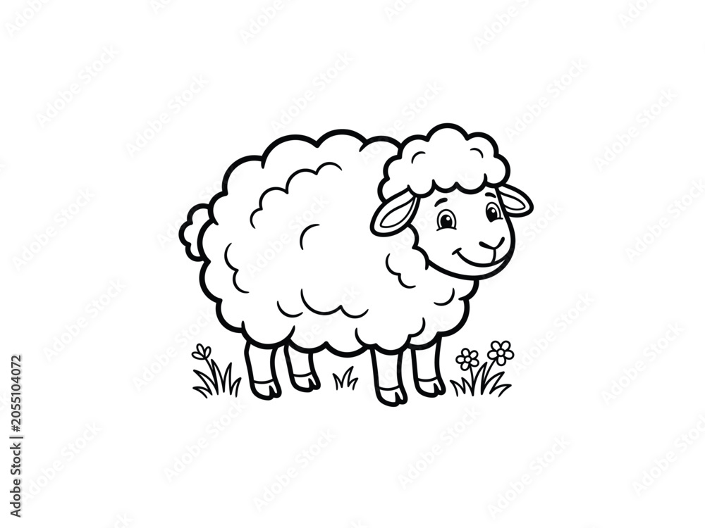 Obraz premium Cartoon sheep illustration with flowers black and white line art