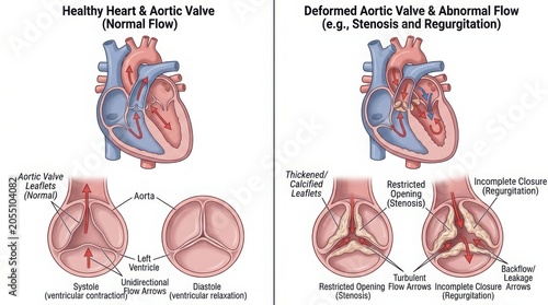 Healthy vs deformed human heart and aortic valve anatomy illustration