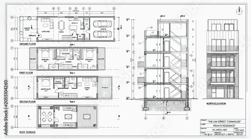 Foto Detailed architectural floor plans, section, and north elevation of a multistory