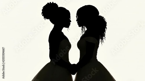 Silhouette of two brides holding hands in romantic pose with soft background