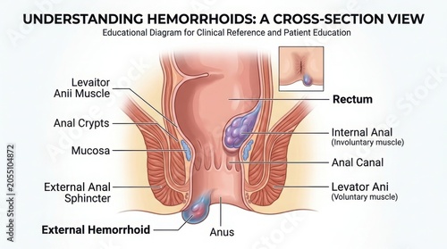 Medical anatomy diagram showing hemorrhoids cross section illustration