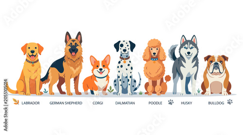 Fotografie Various popular dog breeds standing together in a row