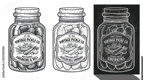 Obraz na płótnie Vintage glass jars filled with pickled gherkins and dill herbs