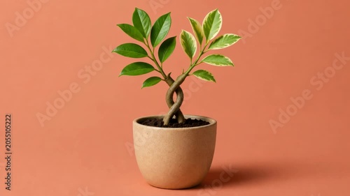 potted plant with twisted stems and green leaves on a peach background