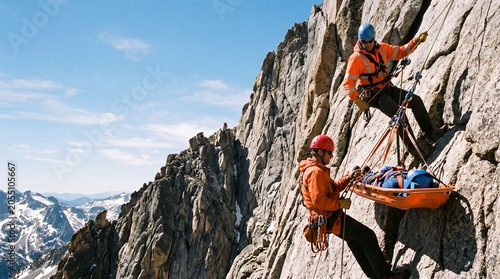 Mountain rescue team lowering an injured person in a stretcher down a steep rocky cliff face