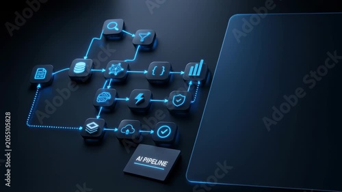ai pipeline flowchart with data processing and analysis icons on dark background
