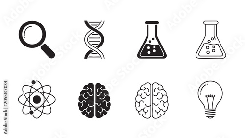 molecules and brain icons with magnifying glass, lab flasks