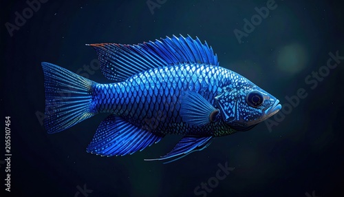 A vibrantly colored, aquatic creature with intricate scales, fins, and prominent eye