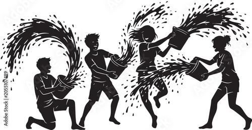 Fotografie Joyful Summer Water Fight Vector Silhouettes, Dynamic Splashing Buckets, Childre