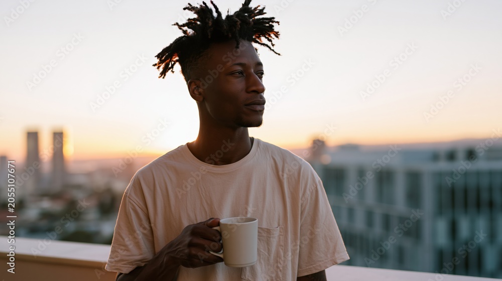 Obraz premium Man on rooftop holding a coffee mug at sunrise with city skyline in soft light for lifestyle background and banner design