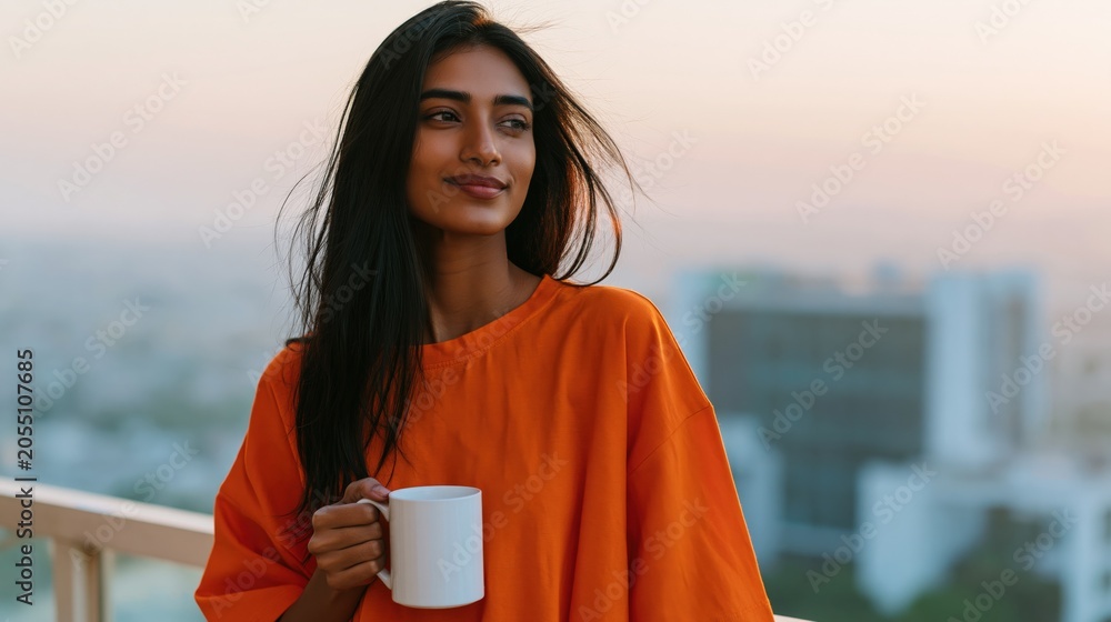 Naklejka premium Young woman on balcony holding coffee mug in orange top at sunrise city skyline for lifestyle background and morning routine banner