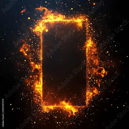 Rectangular blank banner frame surrounded by intense burning fire and glowing sparks