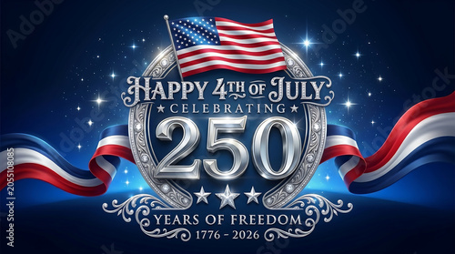 Happy 4th of july 250th anniversary celebration, 250 years of freedom 17762026, american independence day emblem with us flag, silver metallic typography, stars and ribbons on blue background