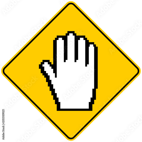 Pixel hand stop sign icon, vector illustration