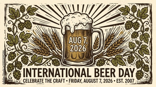 Vintage International Beer Day poster with foamy beer mug, hops and barley for craft beer celebration, pub promo and horizontal banner.