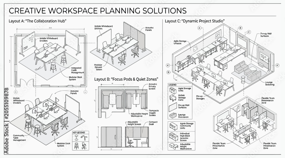 Fototapeta premium Creative workspace planning solutions featuring collaboration hubs and focus quiet zones