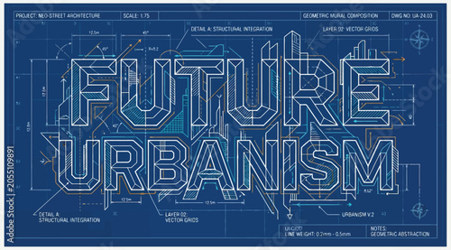 Fotografi Future urbanism typography design with complex architectural blueprint overlay
