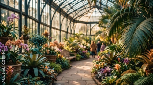 Greenhouse botanical garden interior lush tropical plants glass conservatory structure indoor park walkway sunlight scenery