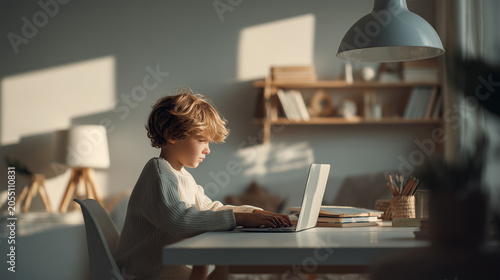  educational future concept, child studying online on laptop at modern minimal workspace