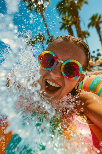 A happy child wearing bright round sunglasses is having fun in the pool, with water splashing against the backdrop of palm trees and a blue sky, emphasizing summer vacations, fun, and sunny holidays