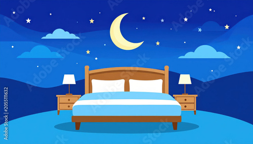 Night bedroom with bed, moon, star, cloud, lamp
