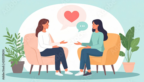 Therapist counseling two woman conversation heart speech bubble