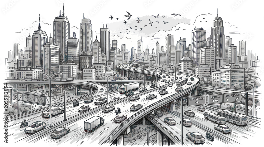 Αυτοκόλλητο Modern city skyline with busy highway interchange and heavy traffic