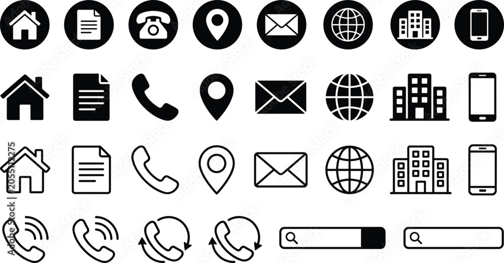 Naklejka premium Contact info business card icon vector set home telephone email address location web internet smartphone line glyph circle interface