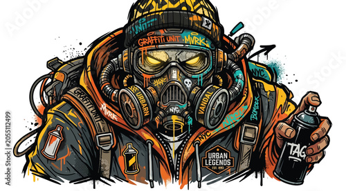 Fotografía Graffiti artist character wearing a gas mask and hoodie holding a spray paint ca